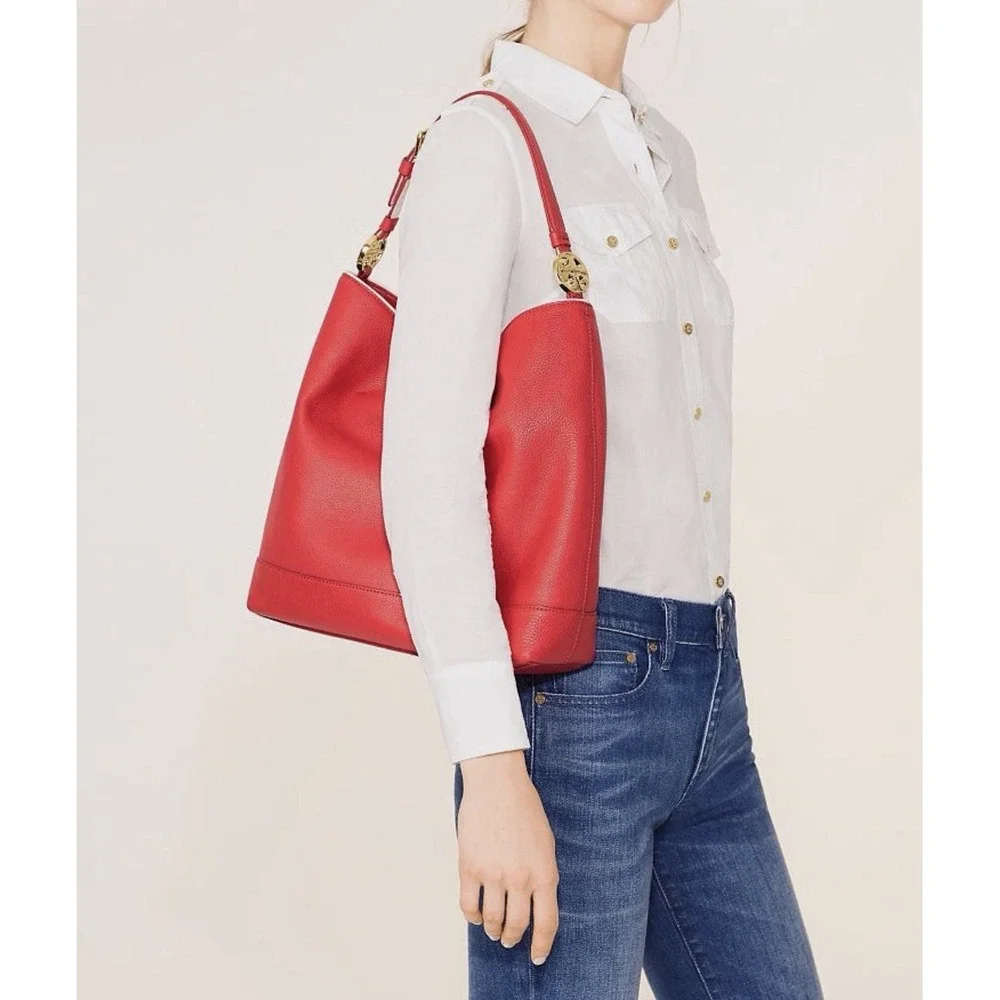 Tory Burch Duet Leather Hobo  Shoulder Bag in Cherry Apple New Ivory  $450